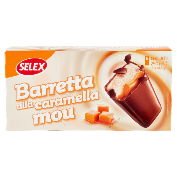 Selex 6 Barrette di Gelato alla Panna con Caramella Mou Ricoperti Cioccolato al Latte 250 g