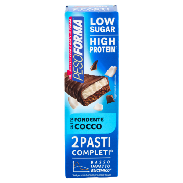 Pesoforma Barrette 2 Pasti Low Sugar Fondente Cocco, High Protein, basso impatto glicemico - 2x62g