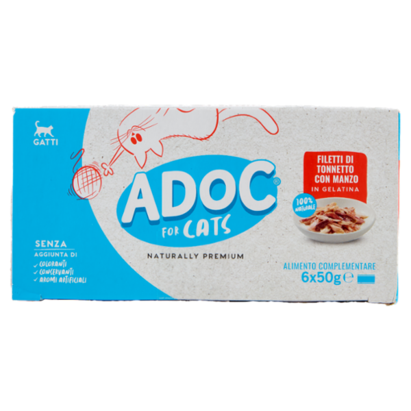 ADoC For Cats Naturally Premium Filetti di Tonnetto con Manzo in Gelatina 6 x 50 g