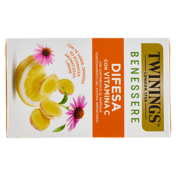 Twinings Benessere Difesa Tisana e Tè Verde, Zenzero aromatizzati Limone Vitamina C 18 filtri 36 g