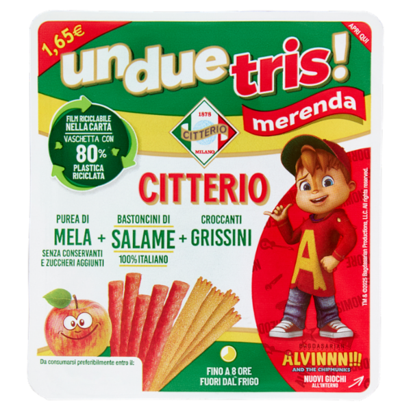 Citterio un due tris! merenda purea di mela + bastoncini di Salame + Grissini 122 g