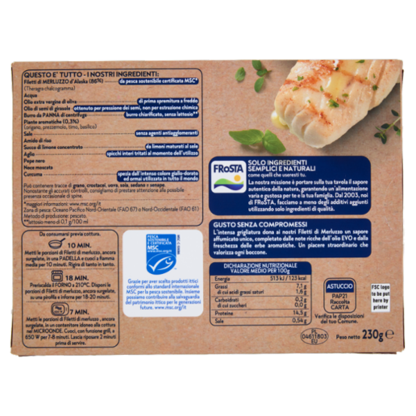 FRoSTA i Grigliati 2 Filetti di Merluzzo Olio Extra Vergine di Oliva e Erbe Aromatiche 230 g