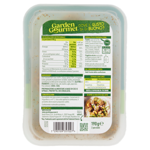 GARDEN GOURMET Falafel Vegano di Ceci e Spinaci 2 porzioni 190g
