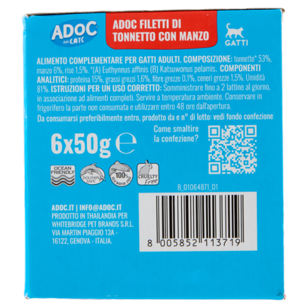 ADoC For Cats Naturally Premium Filetti di Tonnetto con Manzo in Gelatina 6 x 50 g