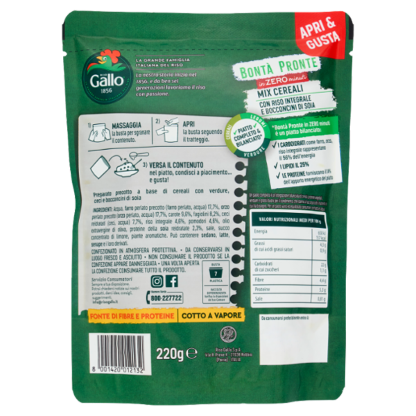 Riso Gallo Bontà Pronte in Zero minuti Mix Cereali con Riso integrale e Bocconcini di Soia 220 g