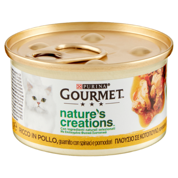 PURINA GOURMET Nature's Creations Ricco in Pollo guarnito con spinaci e pomodori 85g