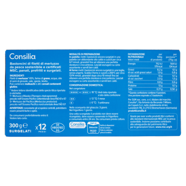 Consilia Bastoncini di Merluzzo in Croccante Panatura Surgelati 12x25 g