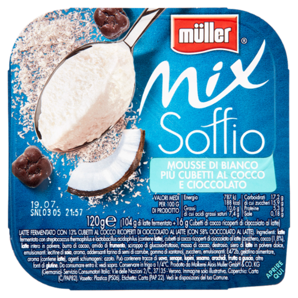müller Mix Soffio Mousse di Bianco Più Cubetti al Cocco e Cioccolato 120 g