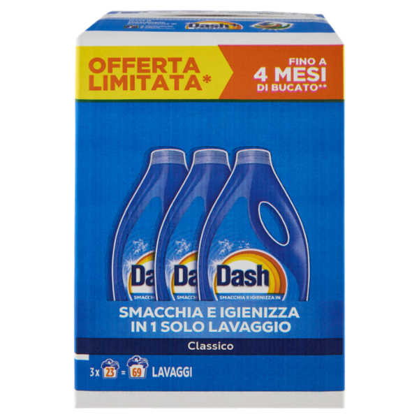 Dash Power Detersivo Liquido Lavatrice, Classico, 3x23 Lavaggi=69 Lavaggi 3x1035 ml