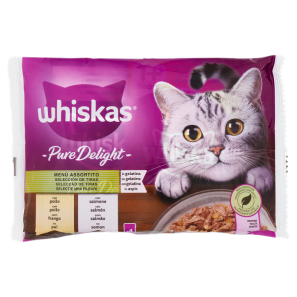 Whiskas Pure Delight Menù Assortito in gelatina con pollo, con salmone 4 x 85 g