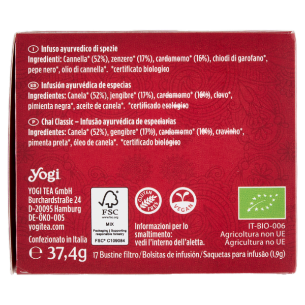 Yogi Tea Chai Classic Bio infuso ayurvedico di spezie con cannella, cardamomo e zenzero - 37,4g