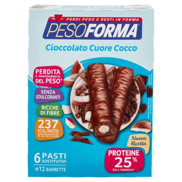 Pesoforma Cioccolato Cuore Cocco, sostitutivo del pasto ricco di fibre, 237 kcal per pasto, 12 x 31g