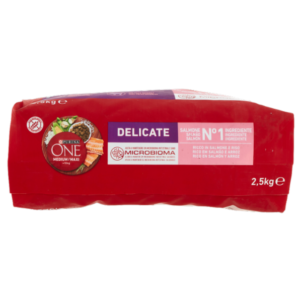 PURINA ONE Medium / Maxi Delicate Ricco in Salmone e Riso 2,5 kg