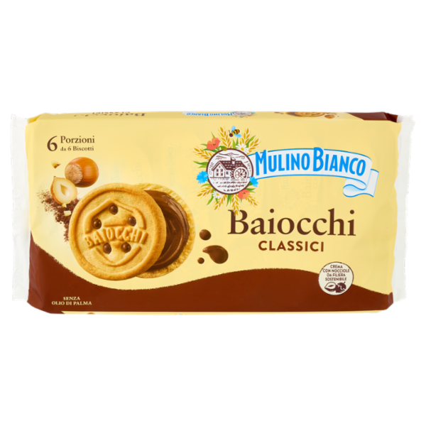 Mulino Bianco Baiocchi Biscotti Snack Farciti con Crema alla Nocciola e Cacao 336g