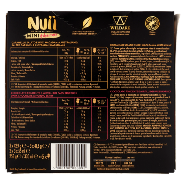NUII Mini Adventure Caramello Salato e Noci Macadamia e Cioccolato Fondente e Mirtilli 6 Gelati 253g