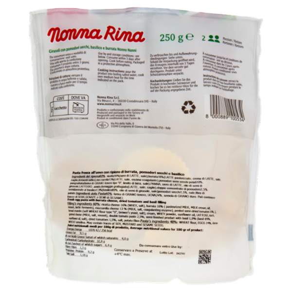 Nonna Rina Girasoli Pomodori Secchie, Basilico e Burrata Nonno Nanni 250 g
