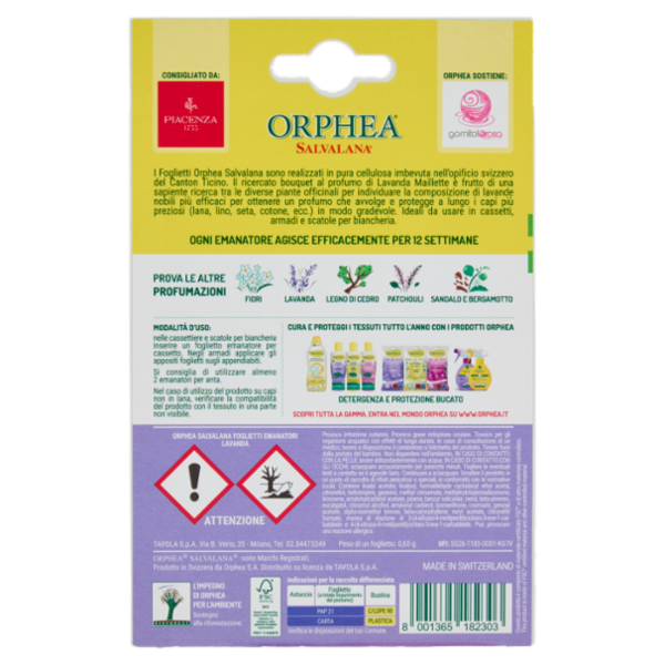 Orphea Salvalana Foglietti per Cassetti e Armadi al Profumo Naturale di Lavanda Maillette 12 x 0,65g