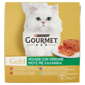 PURINA GOURMET Gold Mousse Verdure Trota&Pom/Anatra&Spinaci/Agnello&Fagiolini/Merluzzo&Carote 8x85g