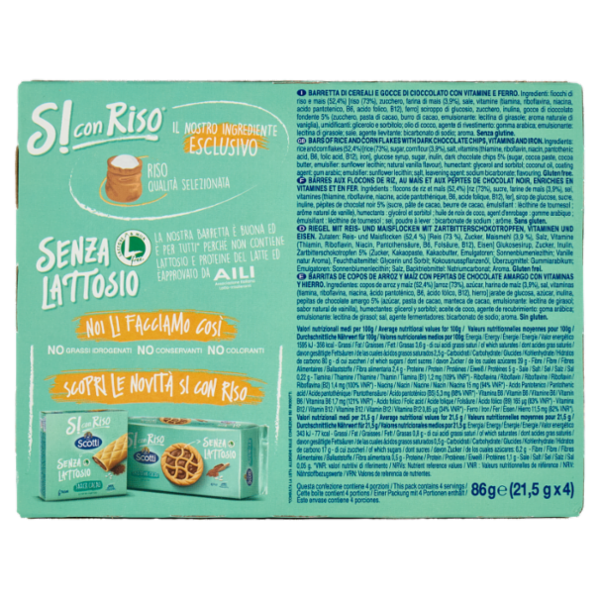 Riso Scotti Si con Riso Senza Lattosio Barretta con Riso e Gocce di Cioccolato 4 x 21,5 g