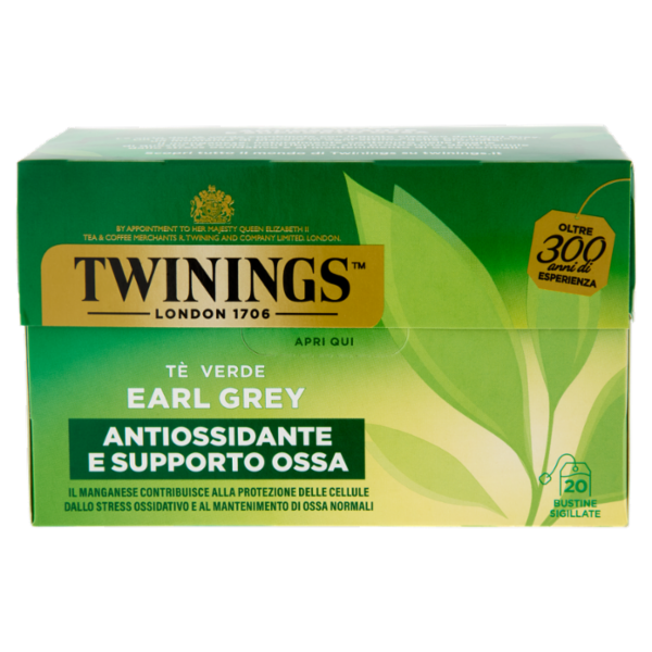 Twinings Earl Grey Tè Verde aromatizzato Bergamotto Antiossidante e Supporto Ossa 20 filtri The 40 g