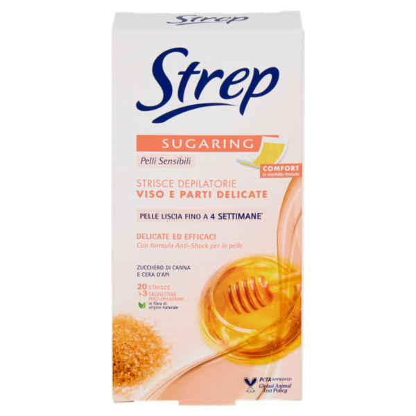 Strep Sugaring Strisce Depilatorie Viso e Parti Delicate 20 Strisce + 3 Salviettine