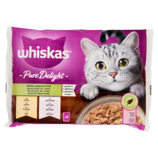 Whiskas Pure Delight Cibo Umido Gatto Menù Assortito in Gelatina con Pollo e Salmone 4x85g