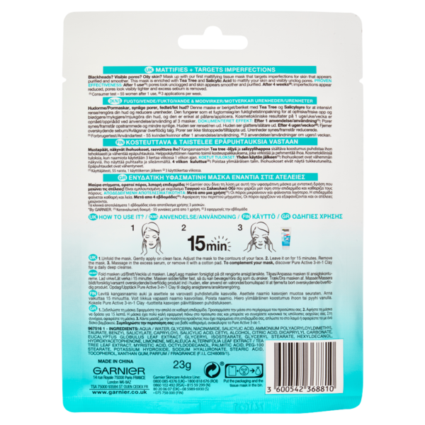 Garnier Pure Active, Maschera in Tessuto, Arricchita con Acido Salicilico