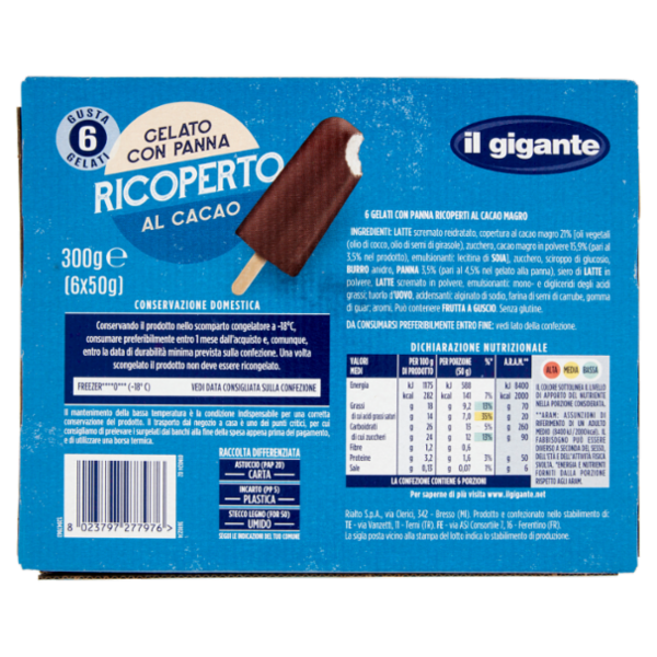 IL GIGANTE Gelato con Panna Ricoperto al Cacao 6 x 50 g