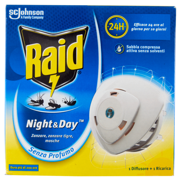 Raid Night & Day, Antizanzare e Repellente Mosche, 1 Diffusore e 1 Ricarica, Insetticida