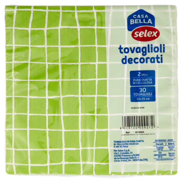 Selex Casa Bella Tovaglioli 2 Veli 33X33 cm Decoro Scacchi Kiwi 30 pezzi