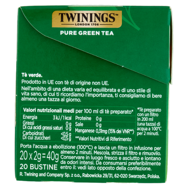 Twinings Pure Green Tea Tè Verde Antiossidante 20 filtri The 40 g
