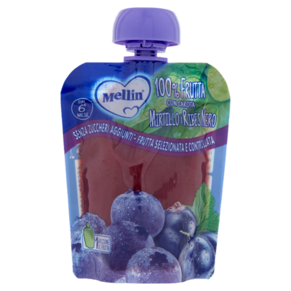 MELLIN Merenda di Frutta 100% Mirtillo e Ribes Nero Pouch 90 g