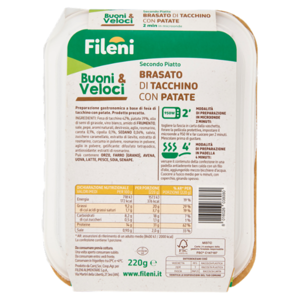 Fileni Buoni & Veloci Secondo Piatto Brasato di Tacchino con Patate 220 g