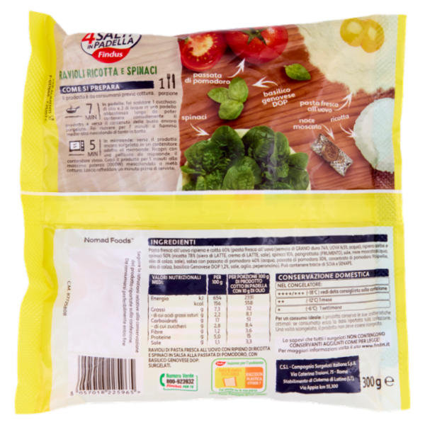 4 Salti in Padella Findus Ravioli Ricotta e Spinaci al pomodoro 300 g
