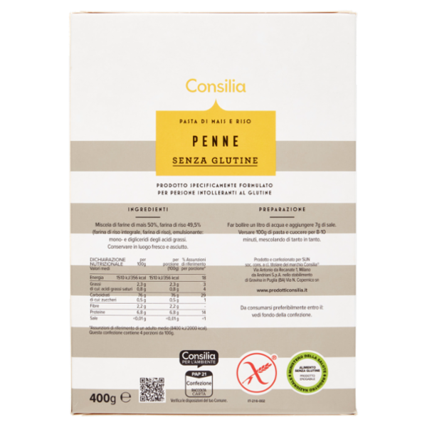 Consilia Pasta di Mais e Riso Penne Senza Glutine 400 g