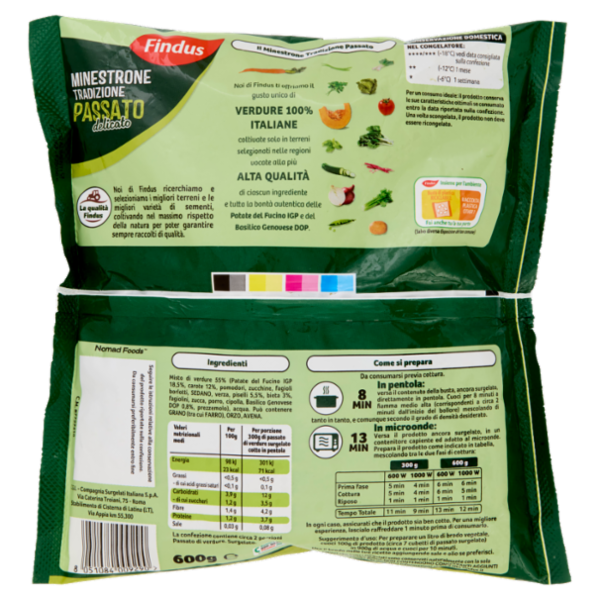 Findus Minestrone Tradizione Passato Delicato con Patate del Fucino IGP e Basilico Genovese DOP 600g