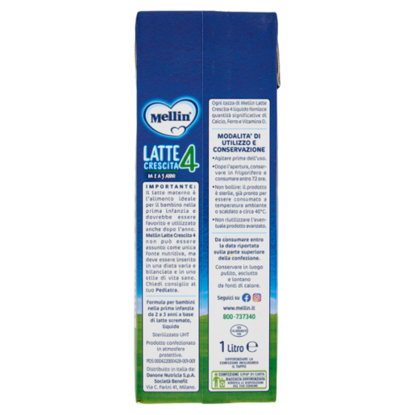 MELLIN 4 - Latte di Crescita Liquido, dal 24° mese compiuto al 36°, Fonte di Ferro, 1L