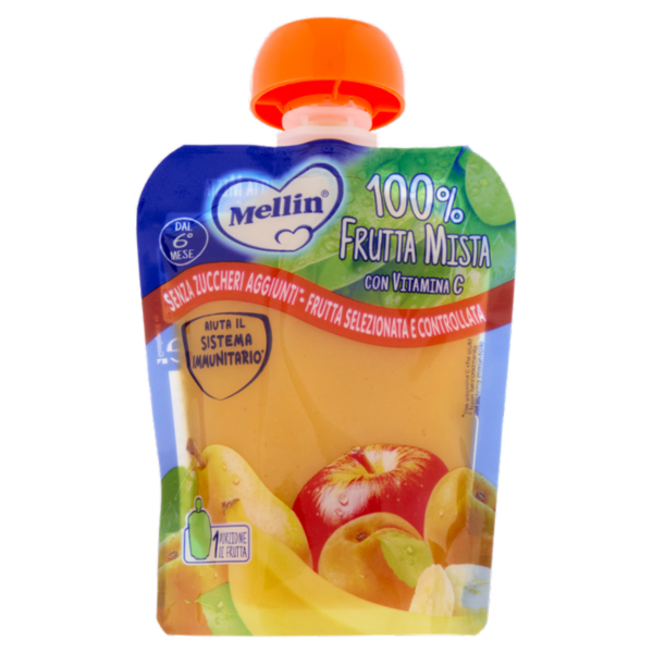 MELLIN Merenda di Frutta 100% Frutta Mista con Mela, Pera, Banana Albicocca, dal 6° mese, Pouch 90 g