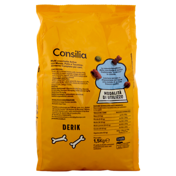 Consilia Derik Cane Multi Crocchette Active con Manzo, Pollo e Tacchino 1,5 kg