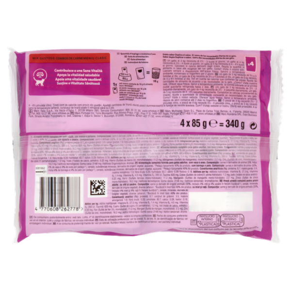 Whiskas Duo Cibo Umido Gatto Mix Gustoso in Gelatina Manzo & Pollame, Agnello & Anatra 4 x 85 g