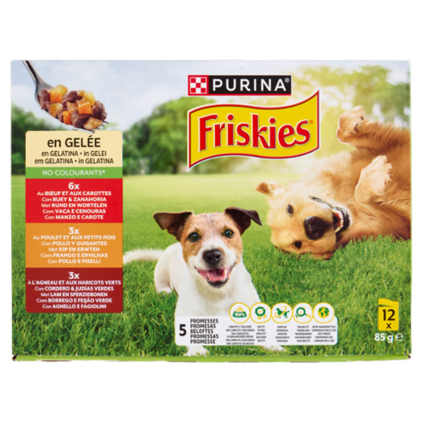 PURINA FRISKIES In Gelatina Con Manzo e Carote, Pollo e Piselli, Agnello e Fagiolini 12 x 85 g