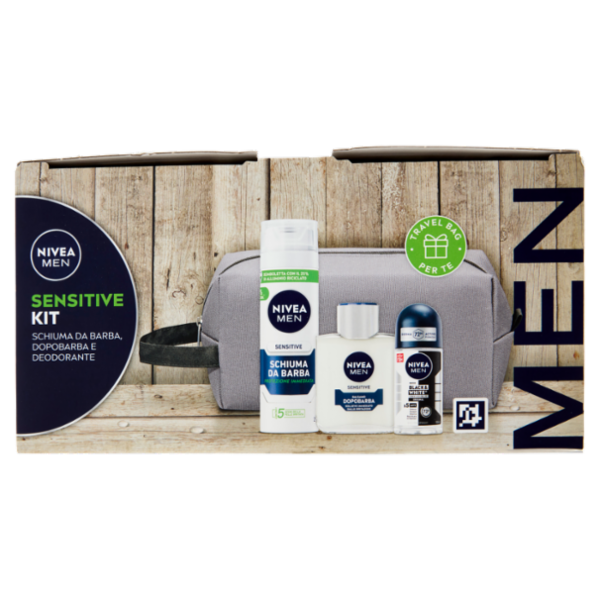 Nivea Men Sensitive Kit Schiuma da Barba 200 ml + Dopobarba 100 ml + Deodorante 50 ml + Travel Bag