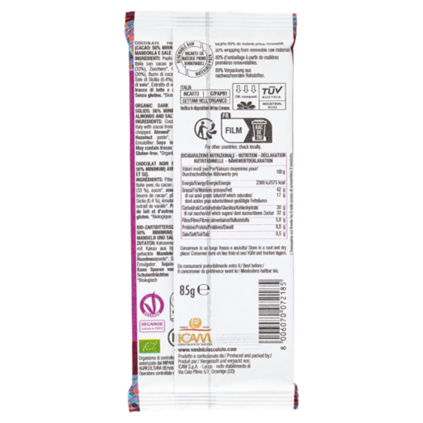 Vanini Mono Origine Uganda 56% Cioccolato Fondente Bio con Mandorle e Sale di Sicilia 85 g