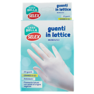 Selex Casa Bella Guanti Monouso In Lattice Naturale Misura Grande (8-8,5) Dispenser 20 Pezzi