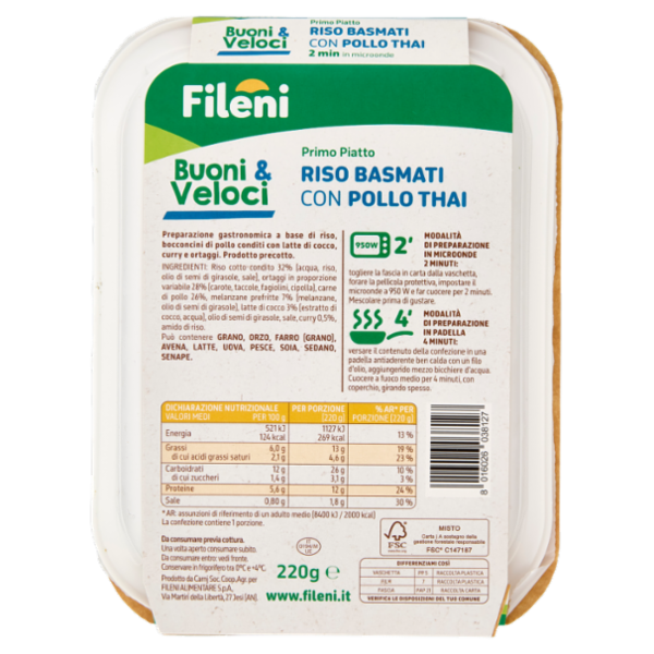Fileni Buoni & Veloci Primo Piatto Riso Basmati con Pollo Thai 220 g