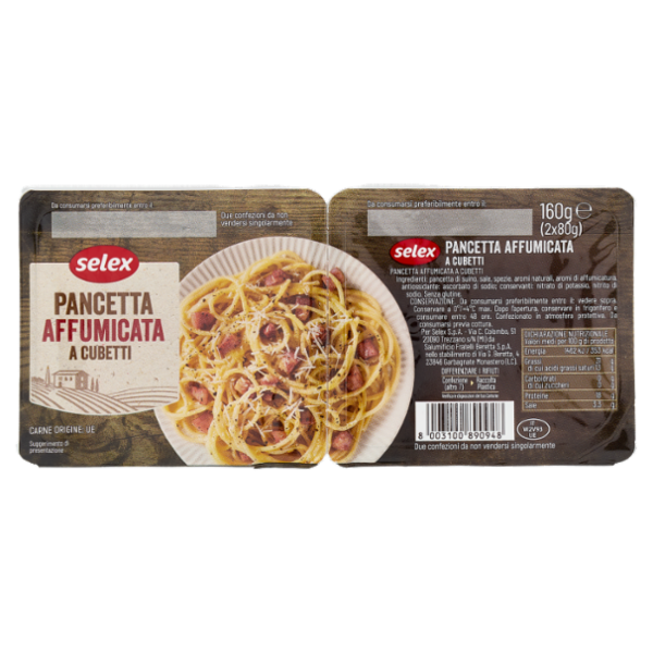Selex Pancetta Affumicata a Cubetti in Confezioni Salvafreschezza 2x80 g