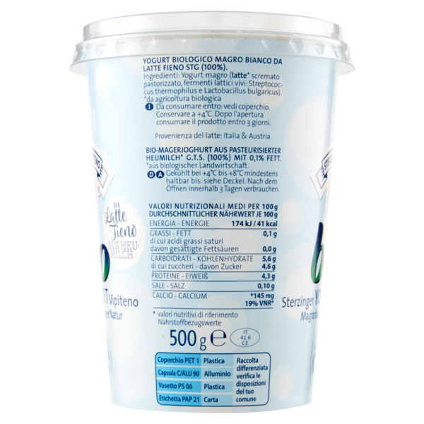Sterzing Vipiteno bio Yogurt da Latte Fieno Magro bianco 500 g