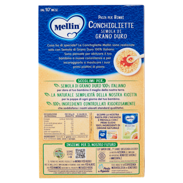 Mellin Pasta per Bimbi Conchigliette Semola di Grano Duro 280 g