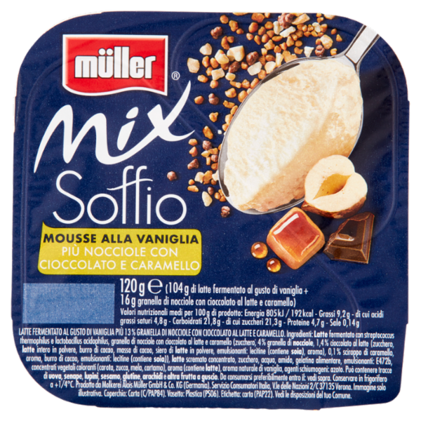 müller Mix Soffio Mousse alla Vaniglia Più Nocciole con Cioccolato e Caramello 120 g
