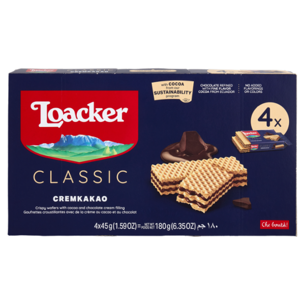 Loacker Classic Cremkakao Wafer con crema al Cioccolato e Cacao Nobile dell'Ecuador Wafers 45gx4
